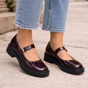 ZARA Burgundy Patent Mary Jane Platform Loafers – Chunky Sole